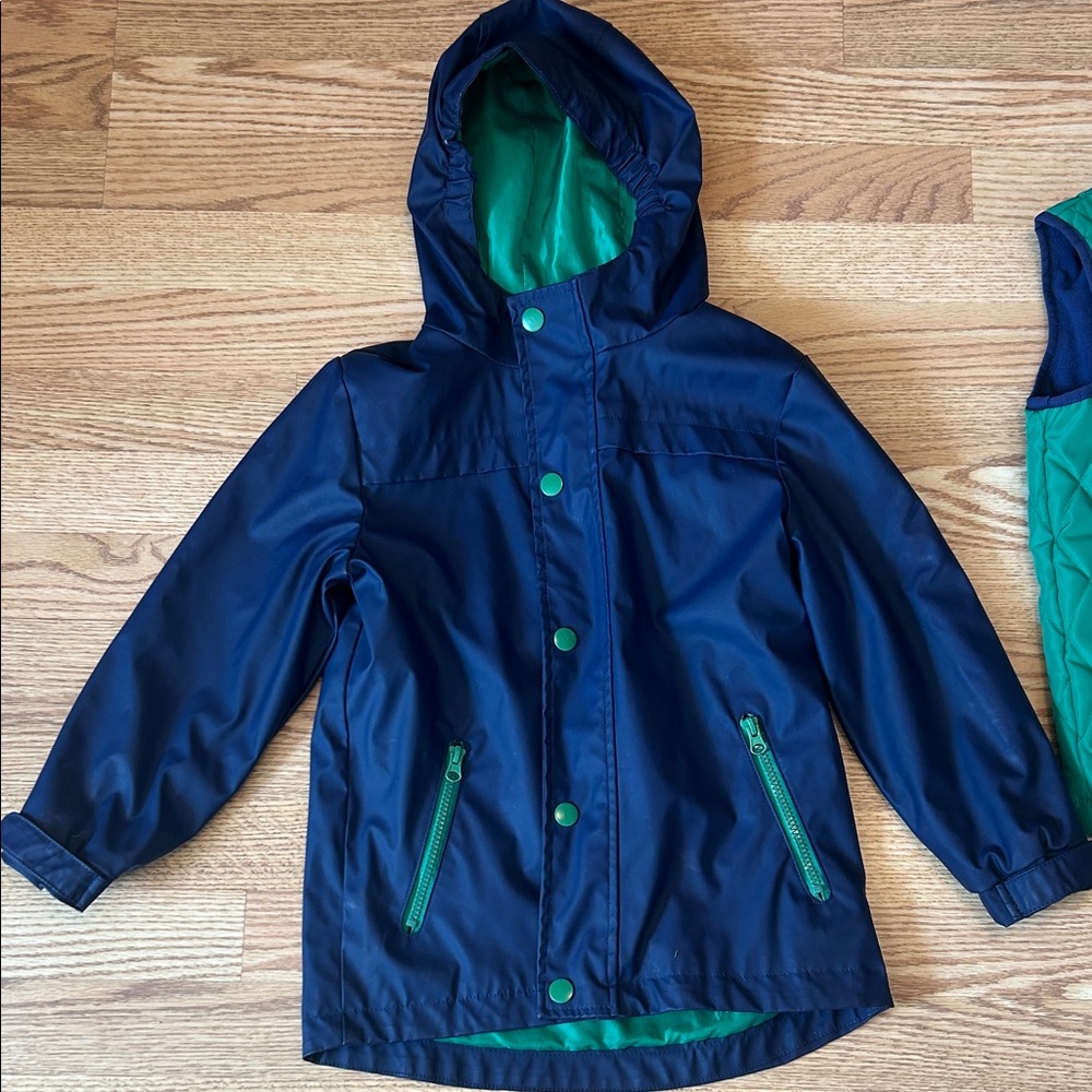 Rain jacket puffer vest combo! Kids sz 6 / 7 Navy Blue and Green - Picture 2 of 6